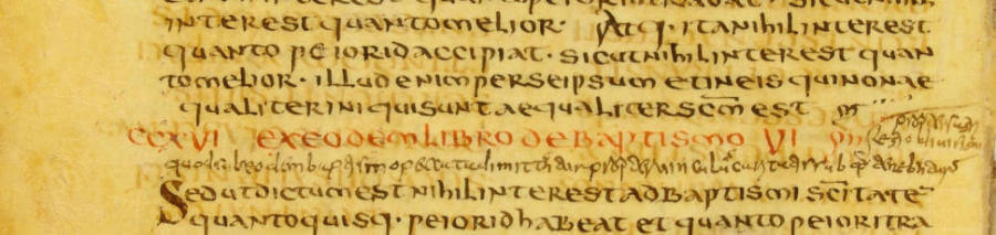 A conventional photograph of a page from the Jubilees palimpsest, which was first written in the 150s B.C. but erased and written over in the eighth century. Notice the barely detectable text behind the black ink.