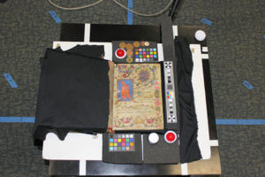 A test manuscript being documented using the spectral imaging and reflectance transformation technology