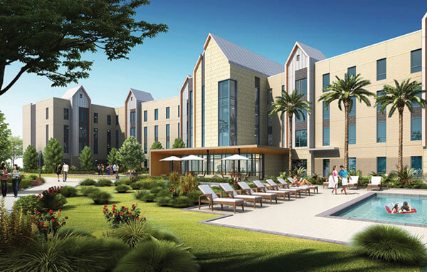 3-D rendering of the new residence hall in The Village.