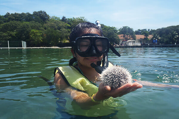 A female student in snorkeling gear holds up a sea urchin