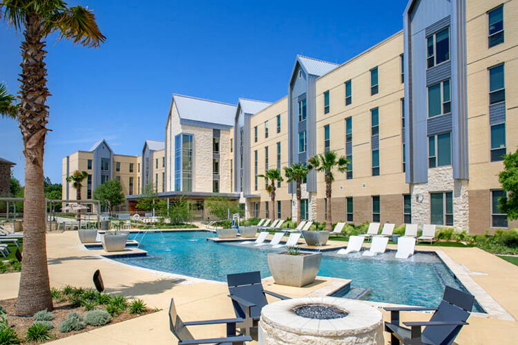 Pool and lounge area behind Perigueux Hall